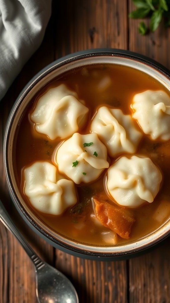 Fluffy flour dumplings in broth, garnished with herbs on a rustic table.